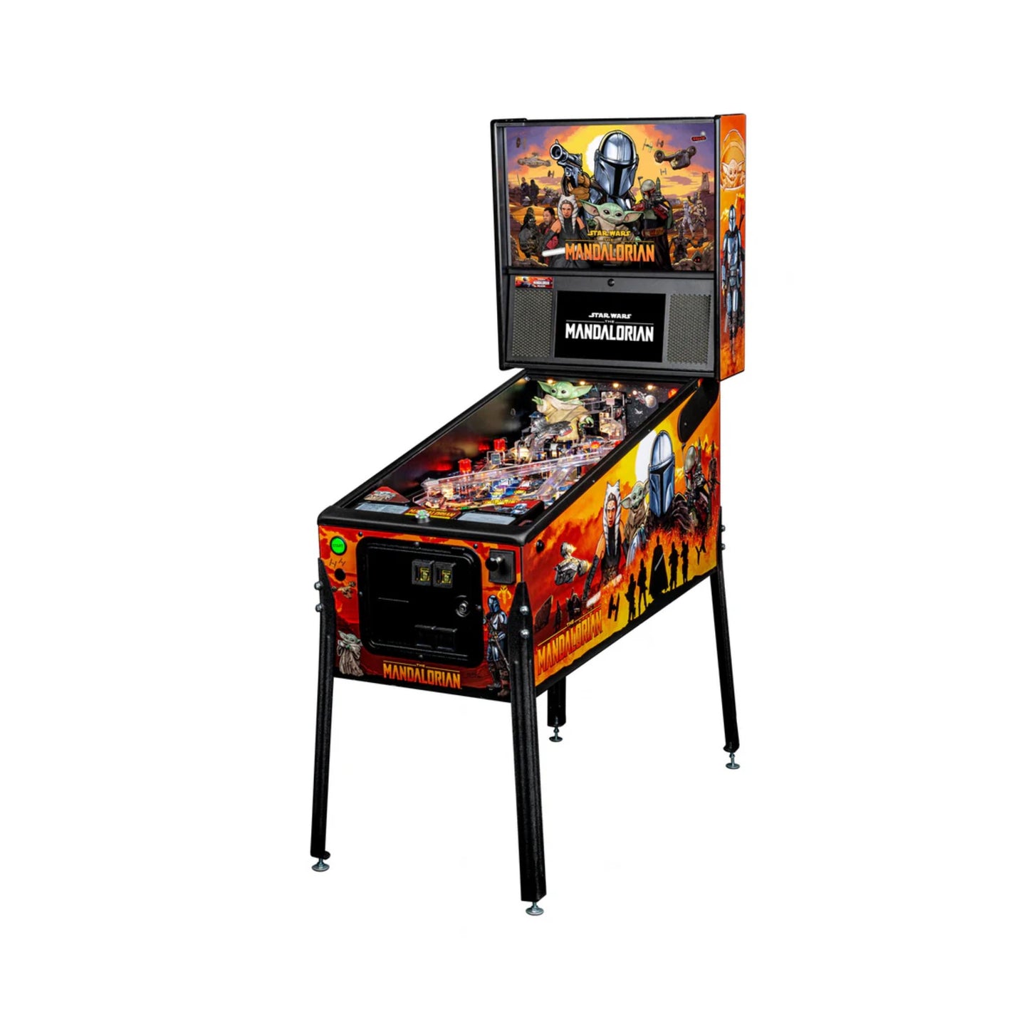 Pinball machine themed after The Mandalorian with colorful design and character images.