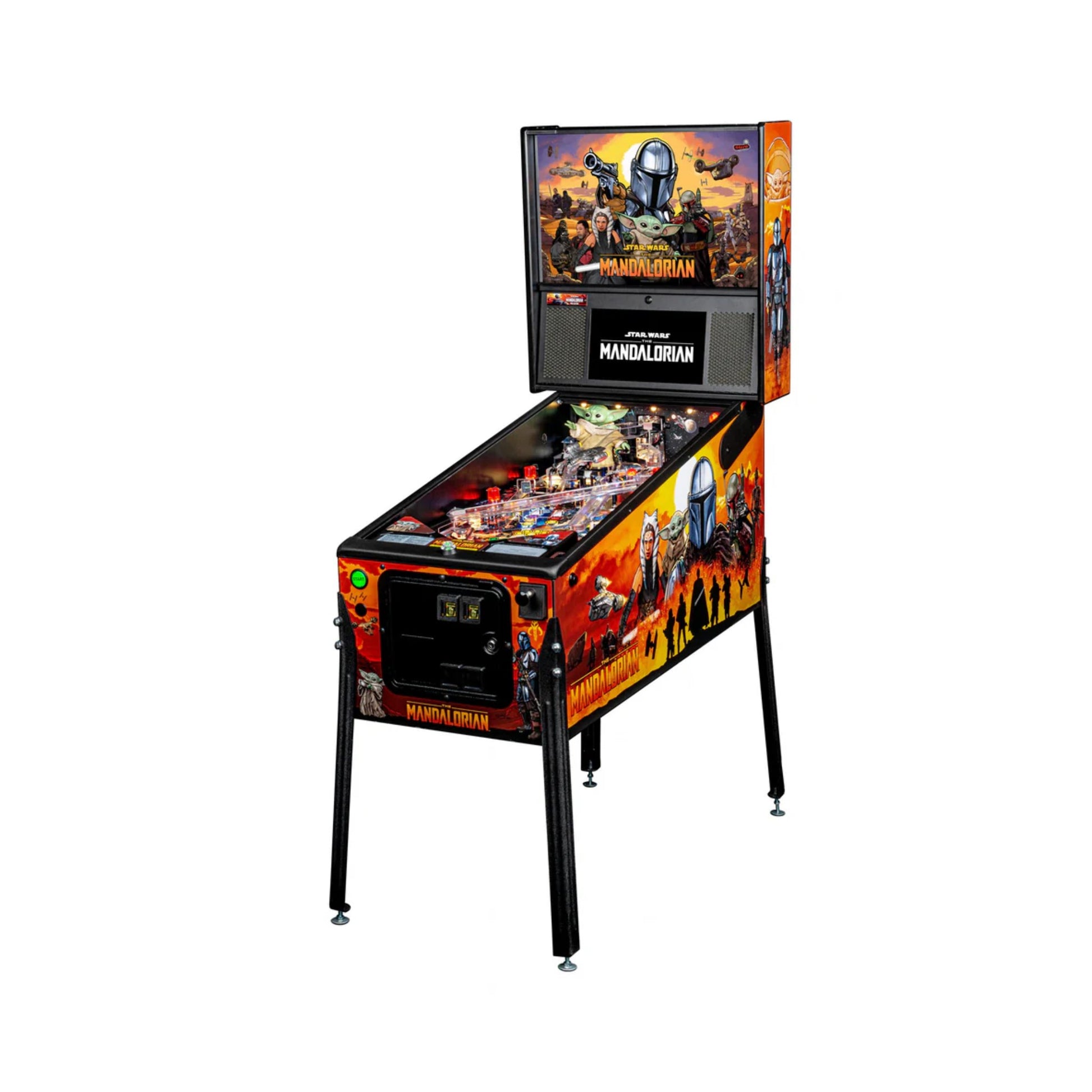 Pinball machine themed after The Mandalorian with colorful design and character images.