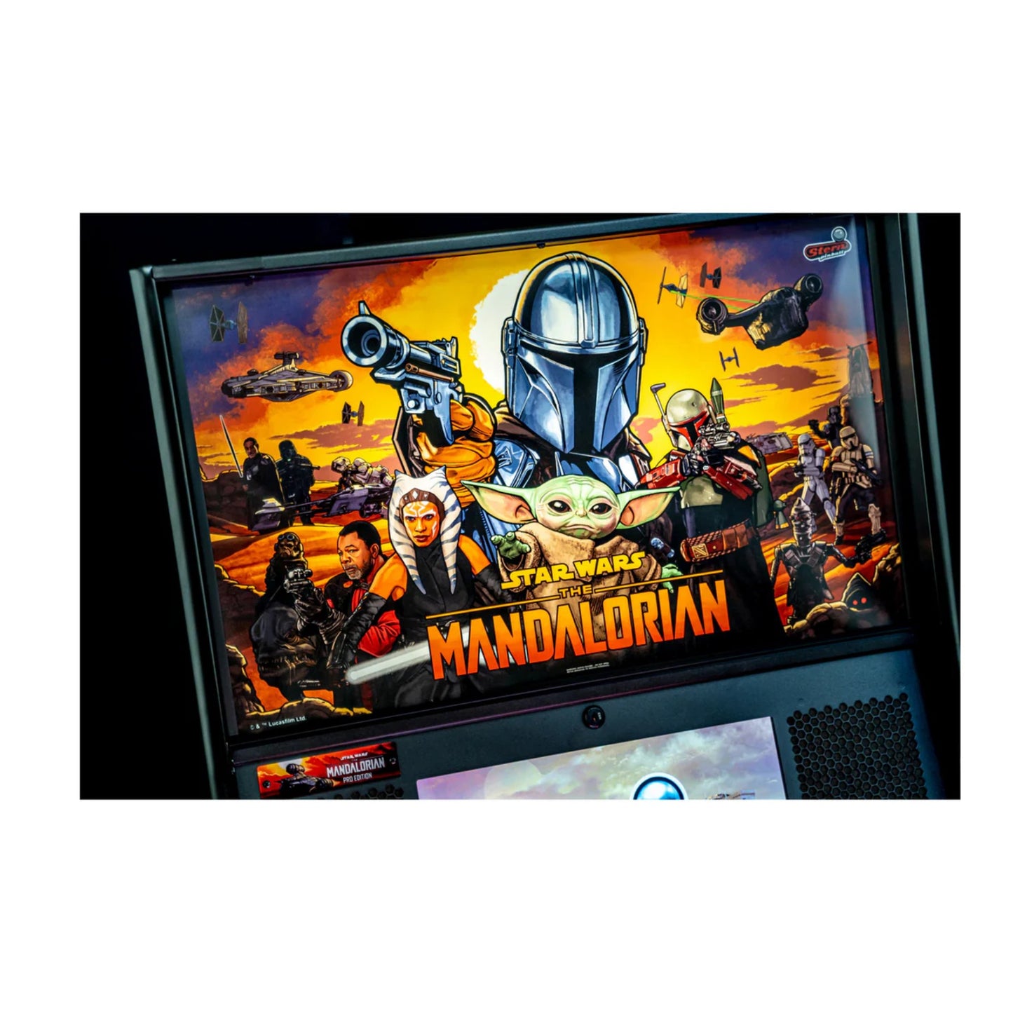 Pinball machine with 'The Mandalorian' theme featuring characters from the Star Wars series.