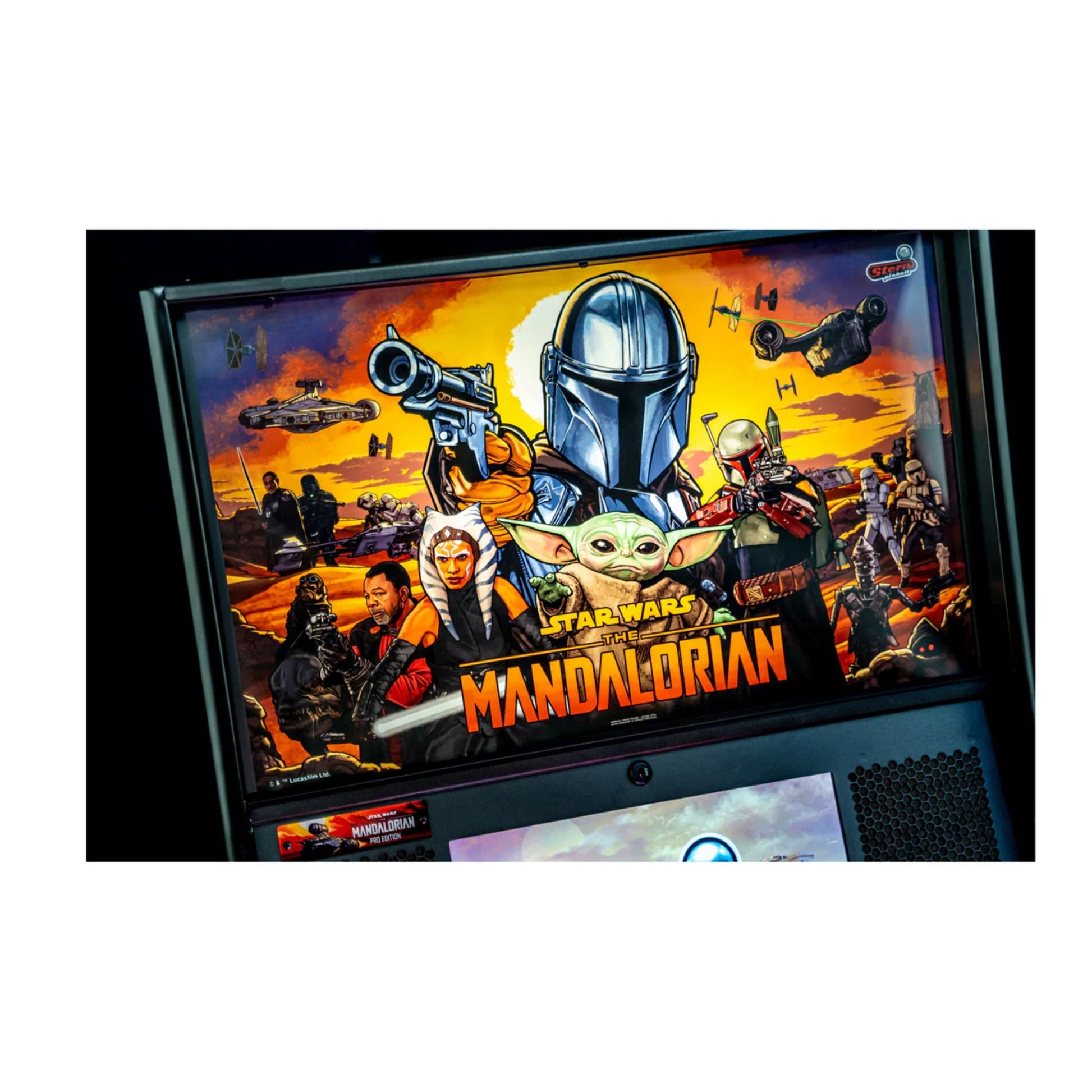 Pinball machine with 'The Mandalorian' theme featuring characters from the Star Wars series.