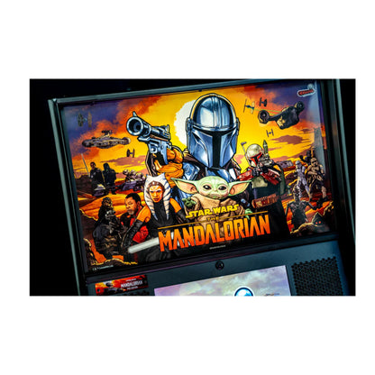 Pinball machine with 'The Mandalorian' theme featuring characters from the Star Wars series.