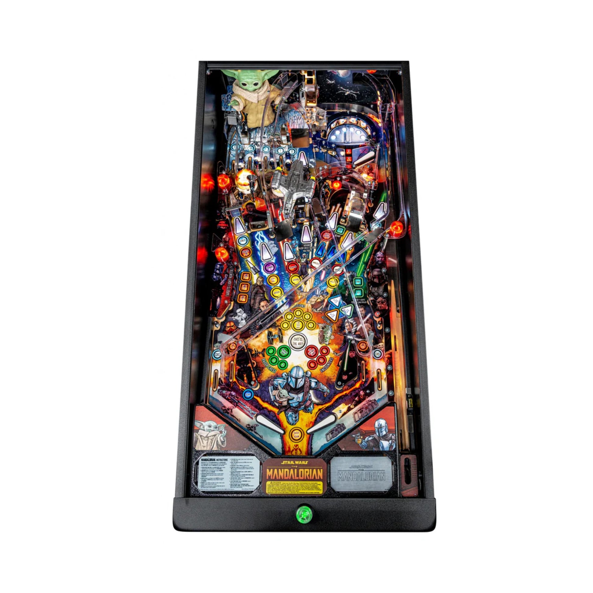 Pinball machine themed after 'The Mandalorian' with colorful design and character figures.