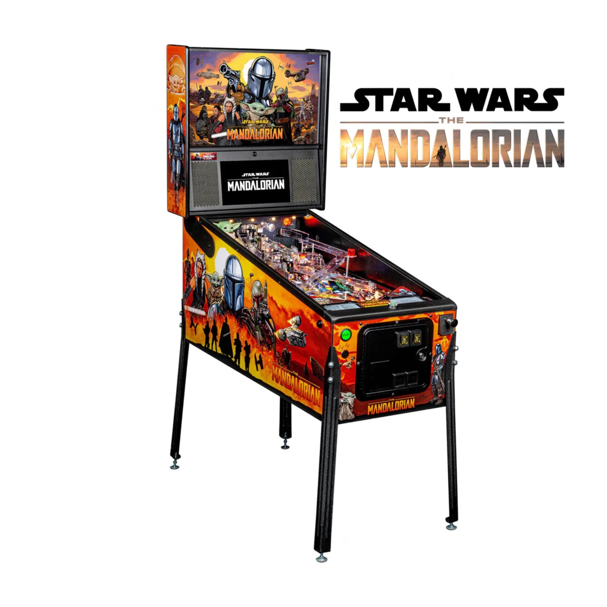 Pinball machine themed after 'The Mandalorian' from Star Wars on a white background