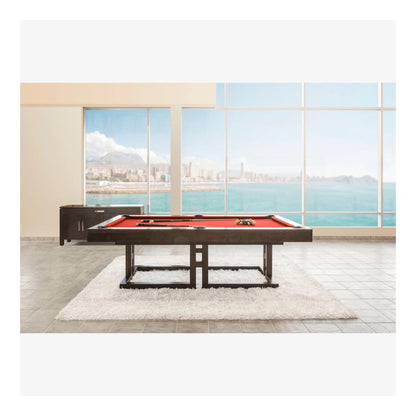 Pool table in a room with large windows overlooking a scenic view.