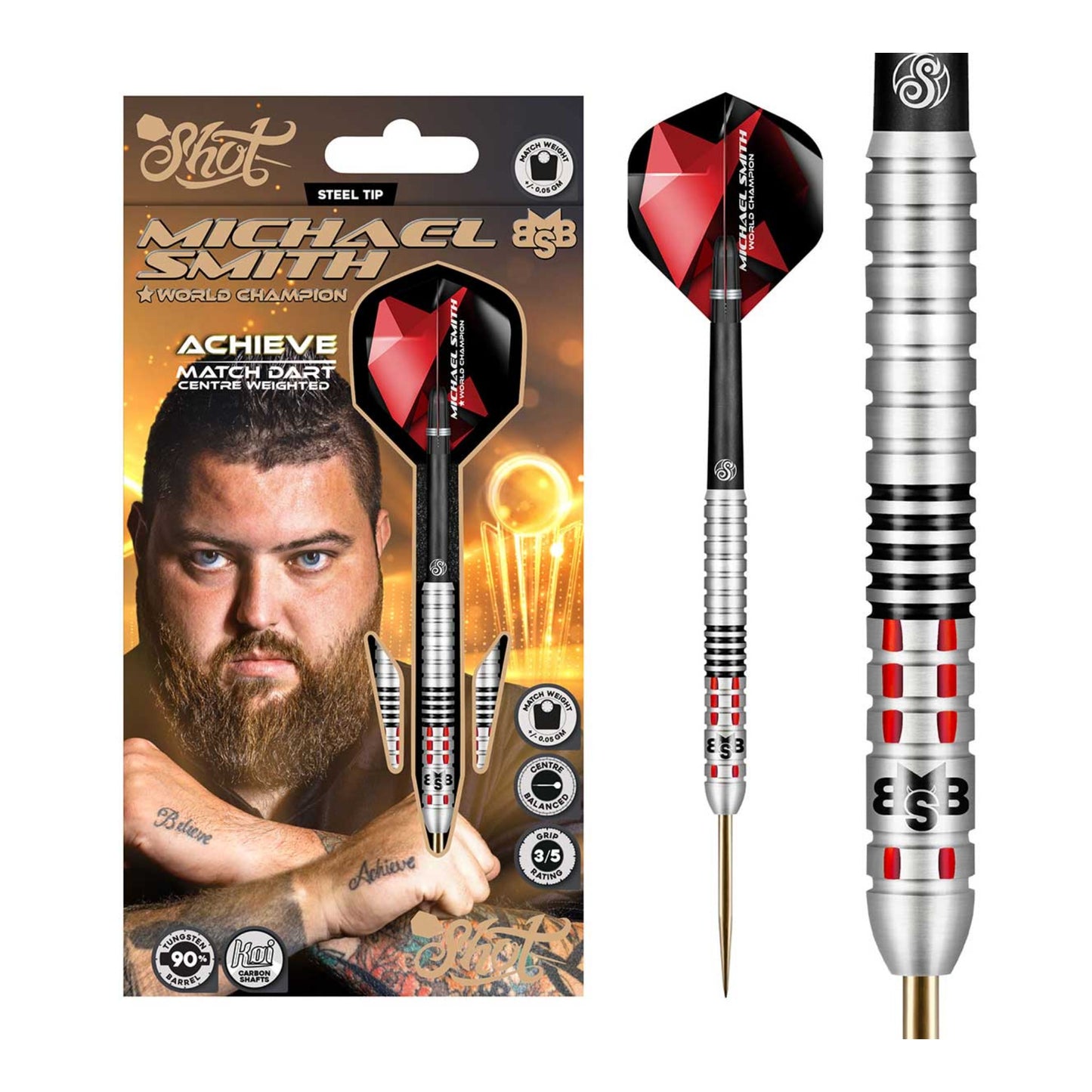 Full packaging view of Michael Smith Achieve Darts set centre weighted profile