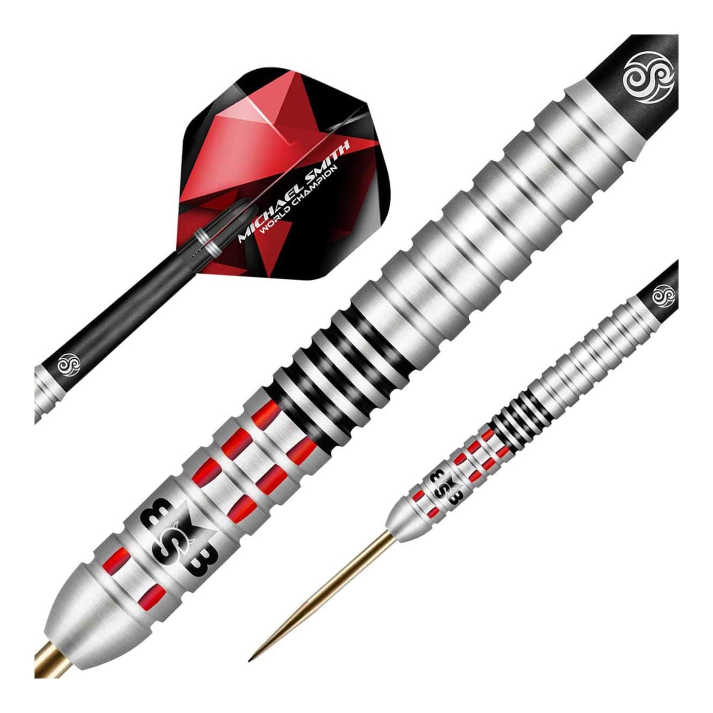 Close up of Achieve dart barrel showing red mill cuts and black ring grip texture