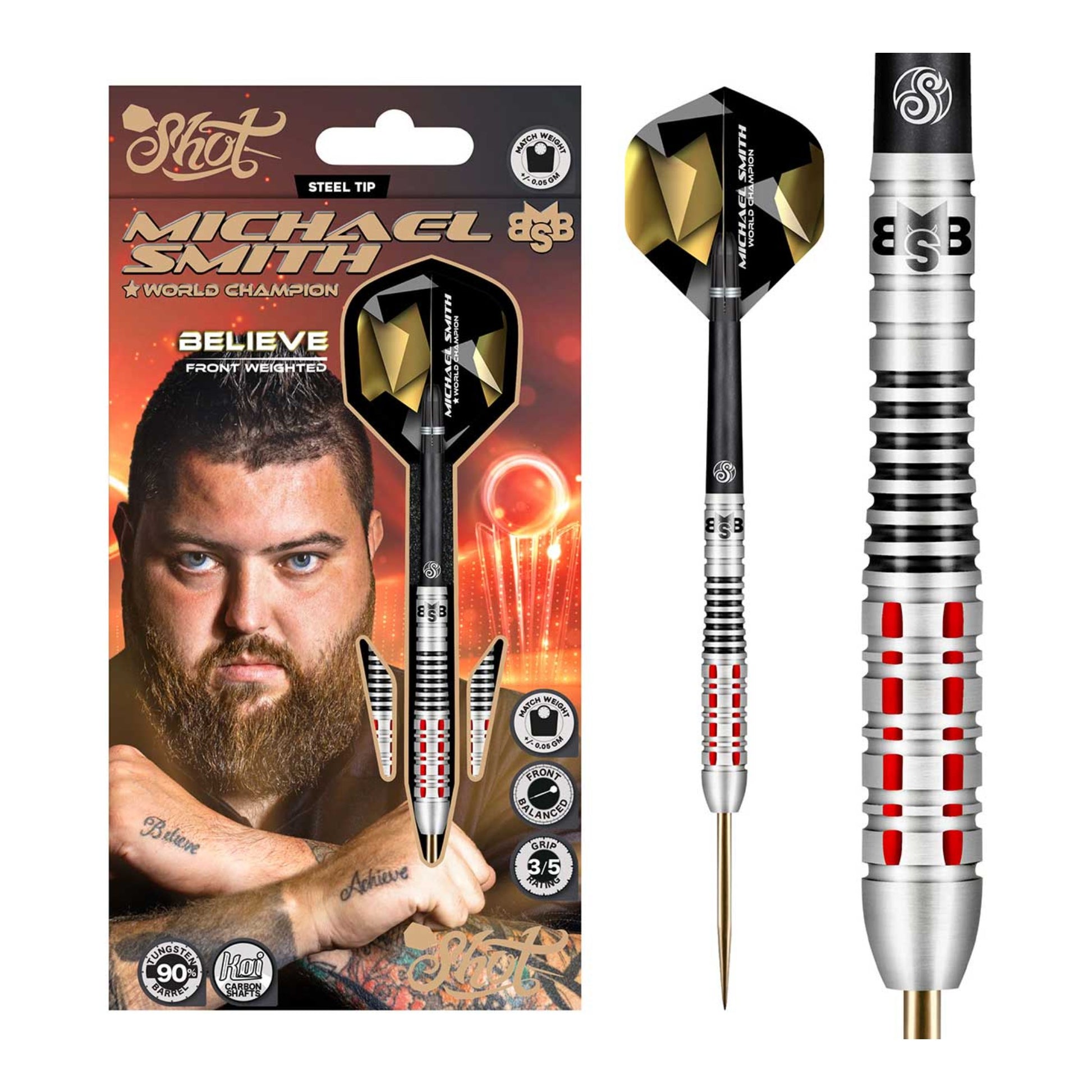Full packaging view of Michael Smith Believe Darts set front weighted profile