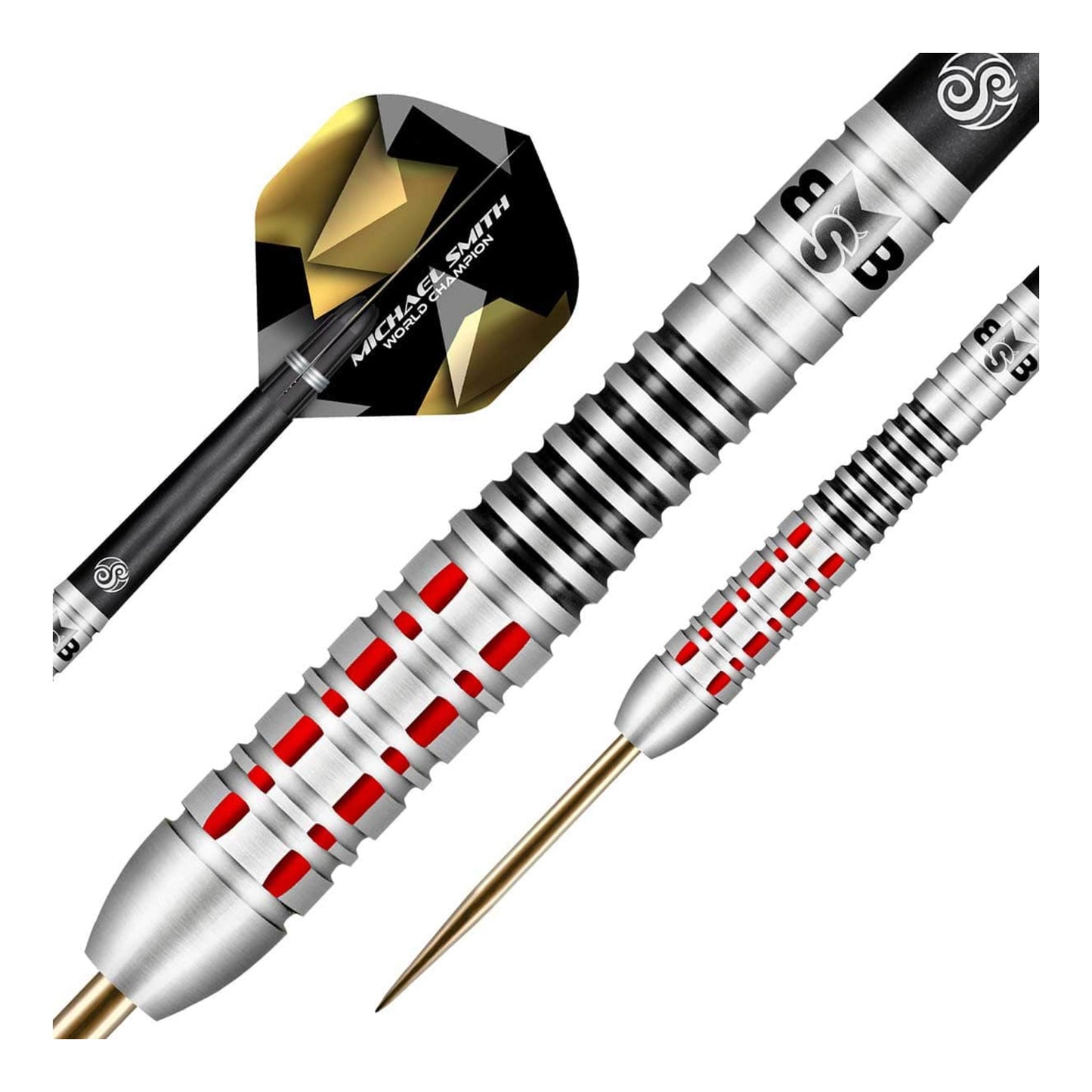 Close up of Believe dart barrel showing red mill cuts and black ring grip texture