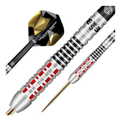 Close up of Believe dart barrel showing red mill cuts and black ring grip texture