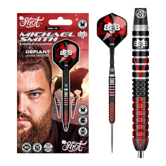 Full set of Michael Smith Defiant Darts with flights and shafts in packaging