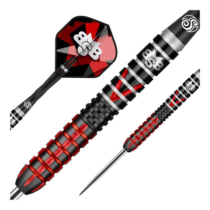 Close up of Defiant dart barrel grip texture with black titanium coating and red St Helens V indent