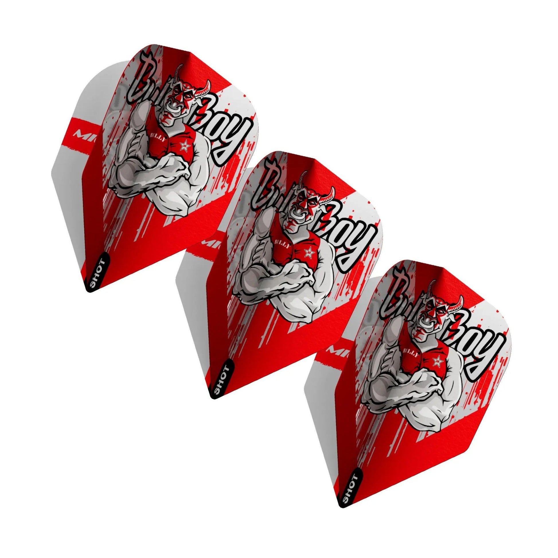 Three Michael Smith Series II small standard dart flights hitting the silver bullseye