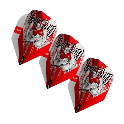 Three Michael Smith Series II small standard dart flights hitting the silver bullseye