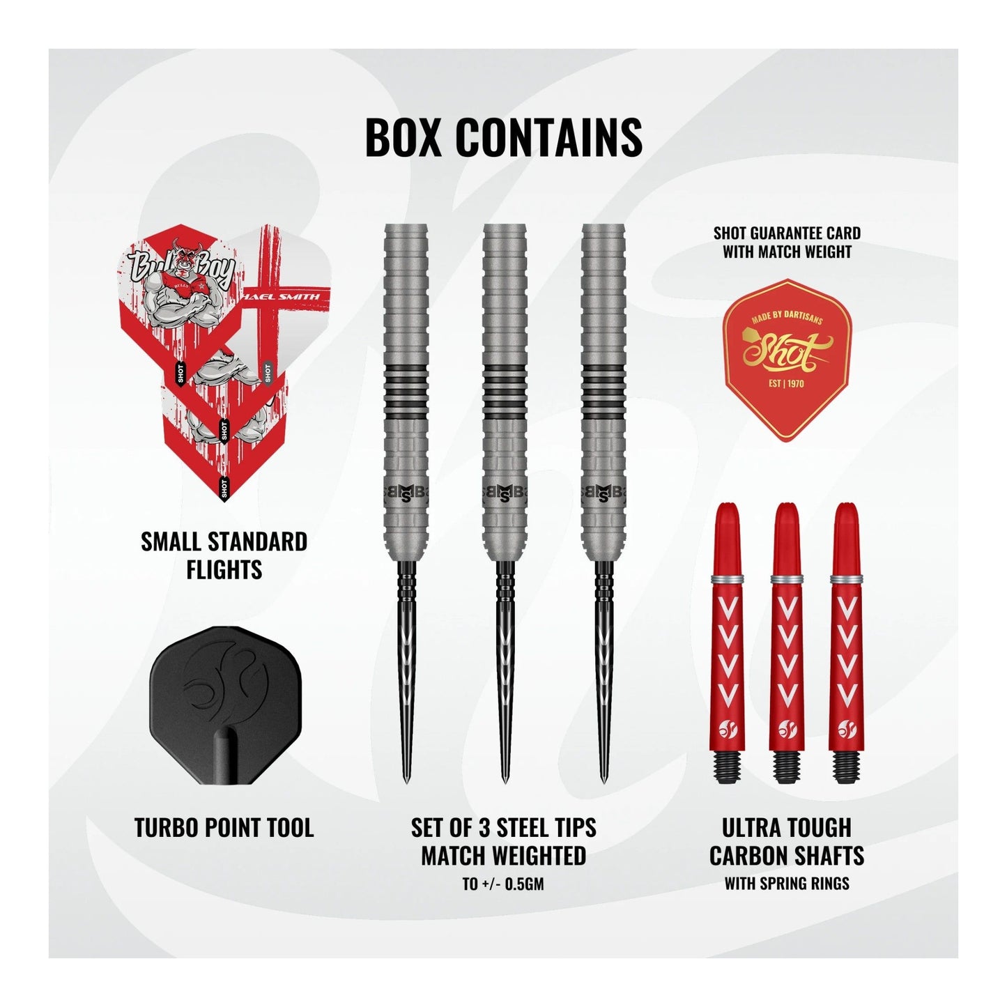 Michael Smith Series 2 dart set packaging showing included barrels, shafts, and flights