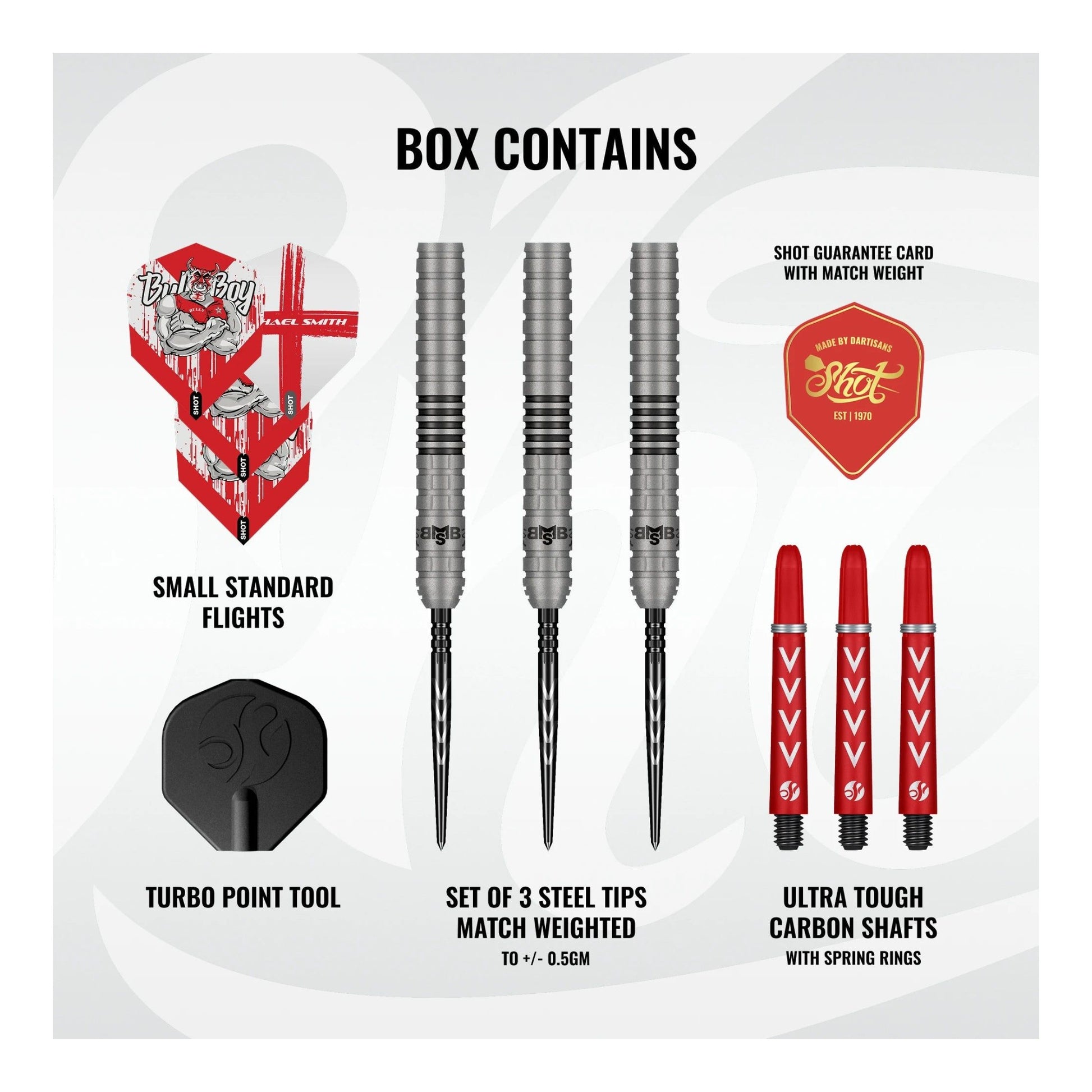 Michael Smith Series 2 dart set packaging showing included barrels, shafts, and flights