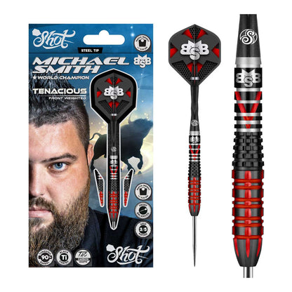 Michael Smith Tenacious Steel Tip Darts Set 90% Tungsten with flights and shafts