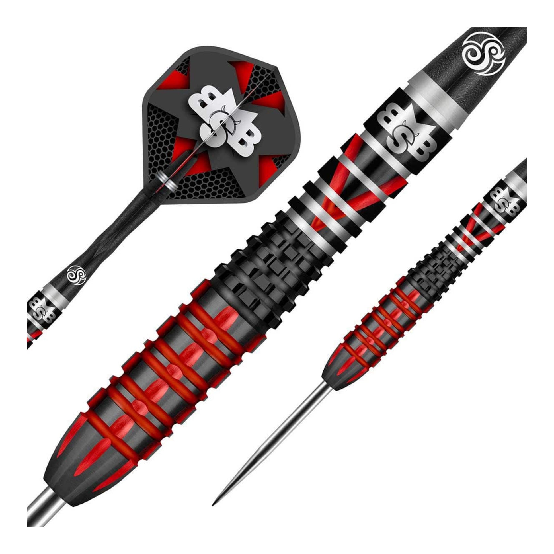 Close up of Michael Smith Tenacious dart barrel showing red mill cuts and St Helens V indent