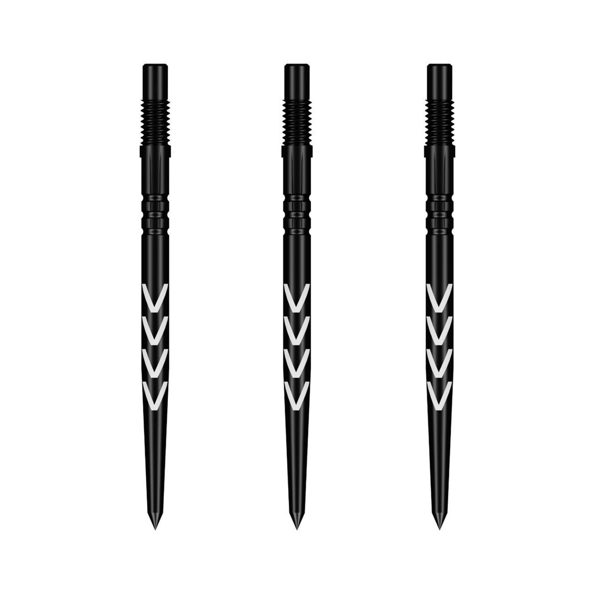 Three steel Michael Smith Turbo Dart points showing the black oxide finish and V-cut machining.