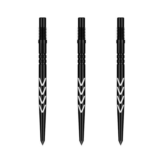 Three steel Michael Smith Turbo Dart points showing the black oxide finish and V-cut machining.