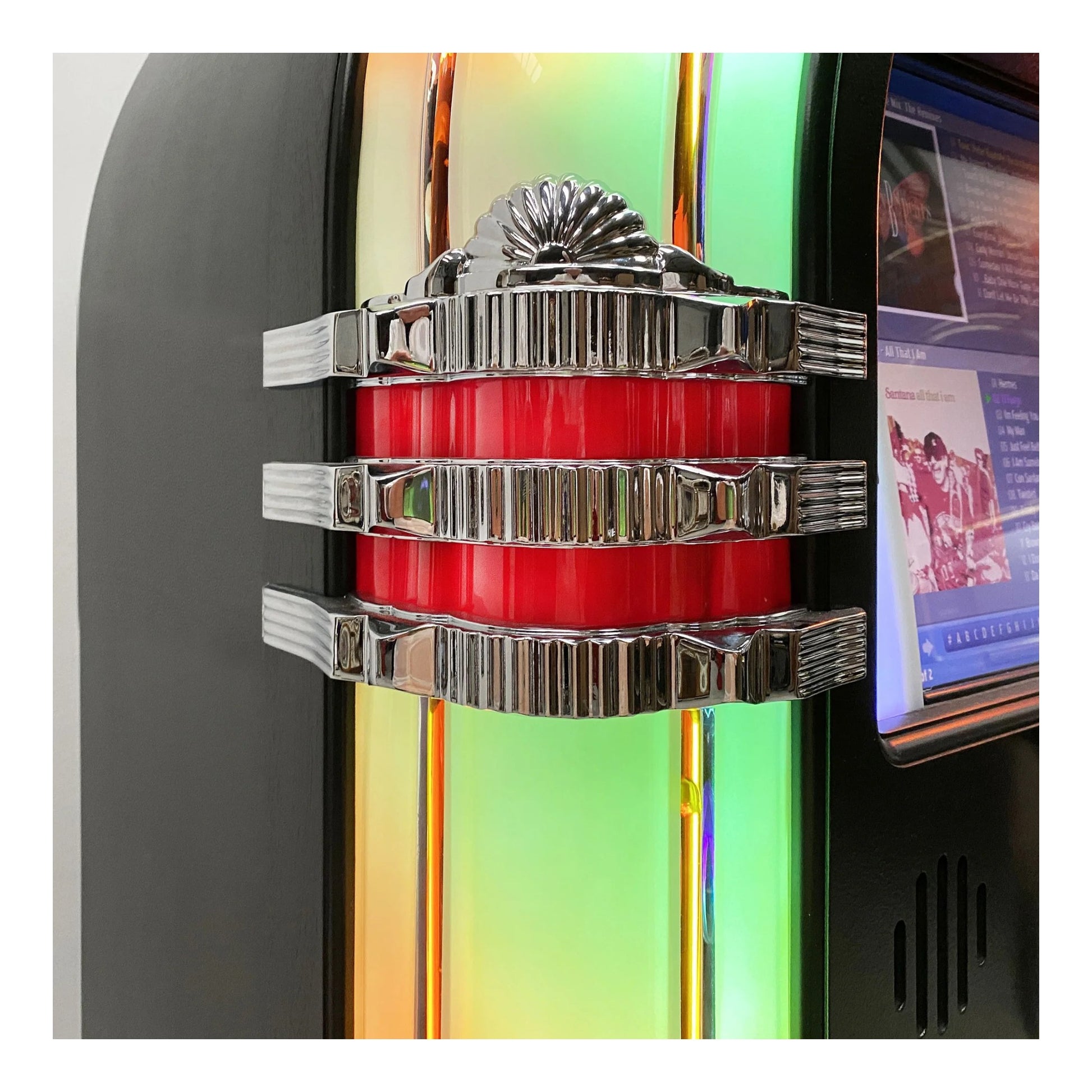 Close-up of a colorful object with metallic clips on a blurred background