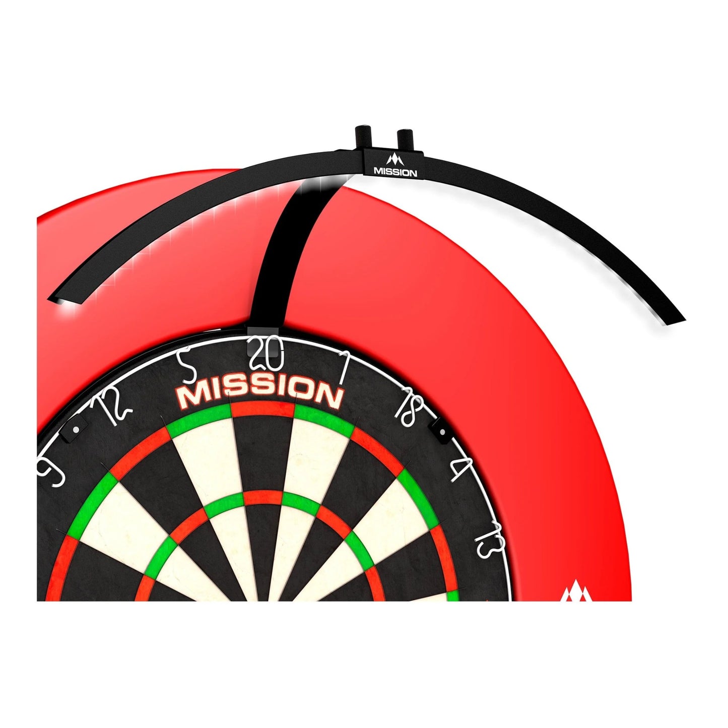 Mission Torus 100 portable light installed on dartboard highlighting 25-degree tilt