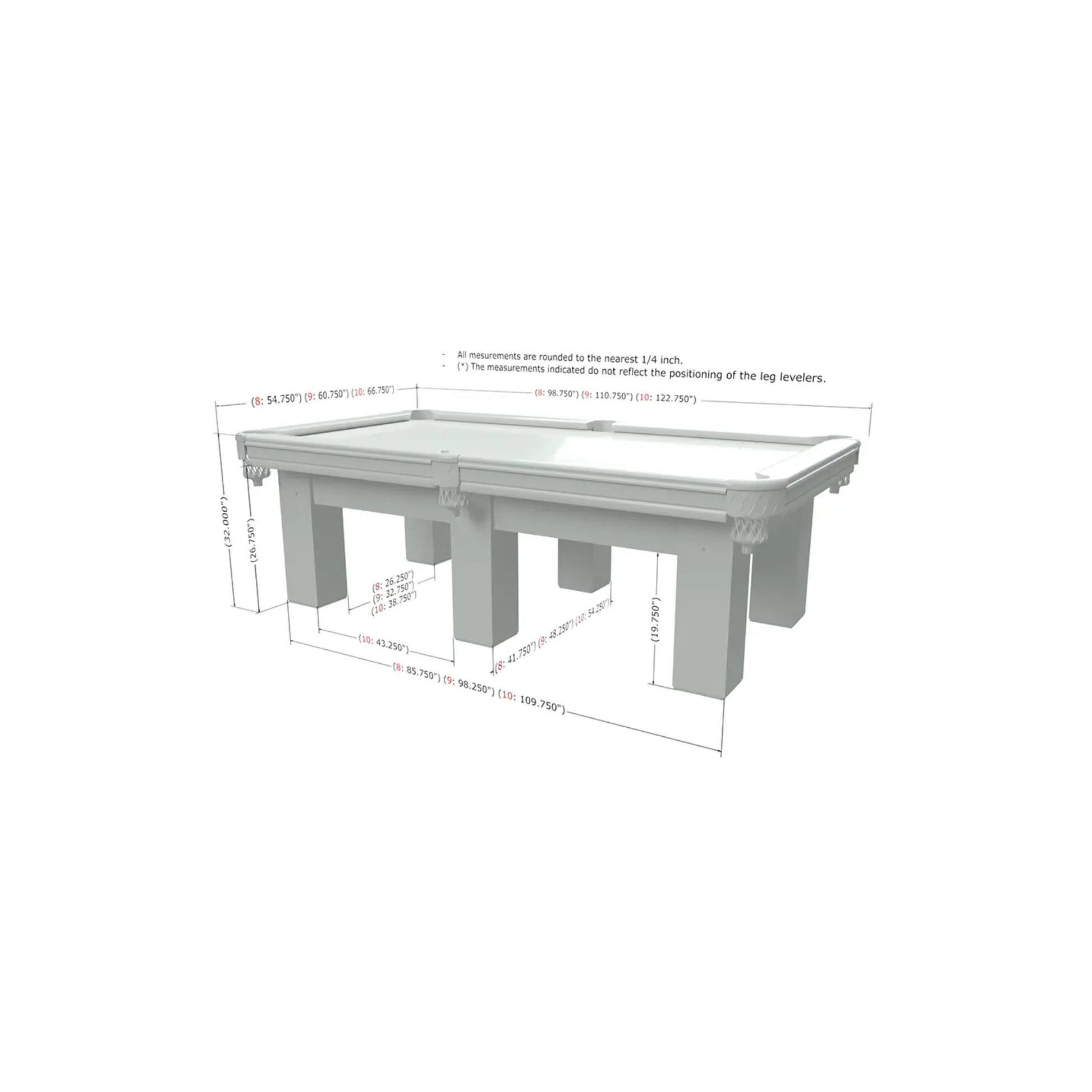 Monarch Pool Table dimensions and size chart