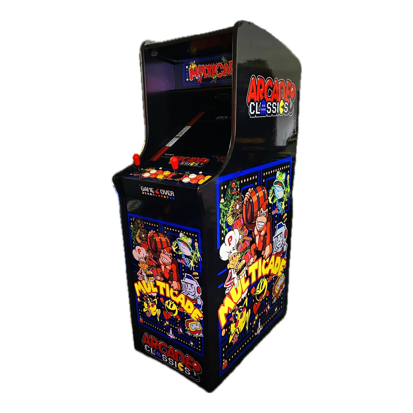 Full size Multicade upright arcade machine with retro graphics and double joysticks