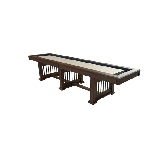 Mystere Shuffleboard Table solid white birch trestle base with blue playing surface
