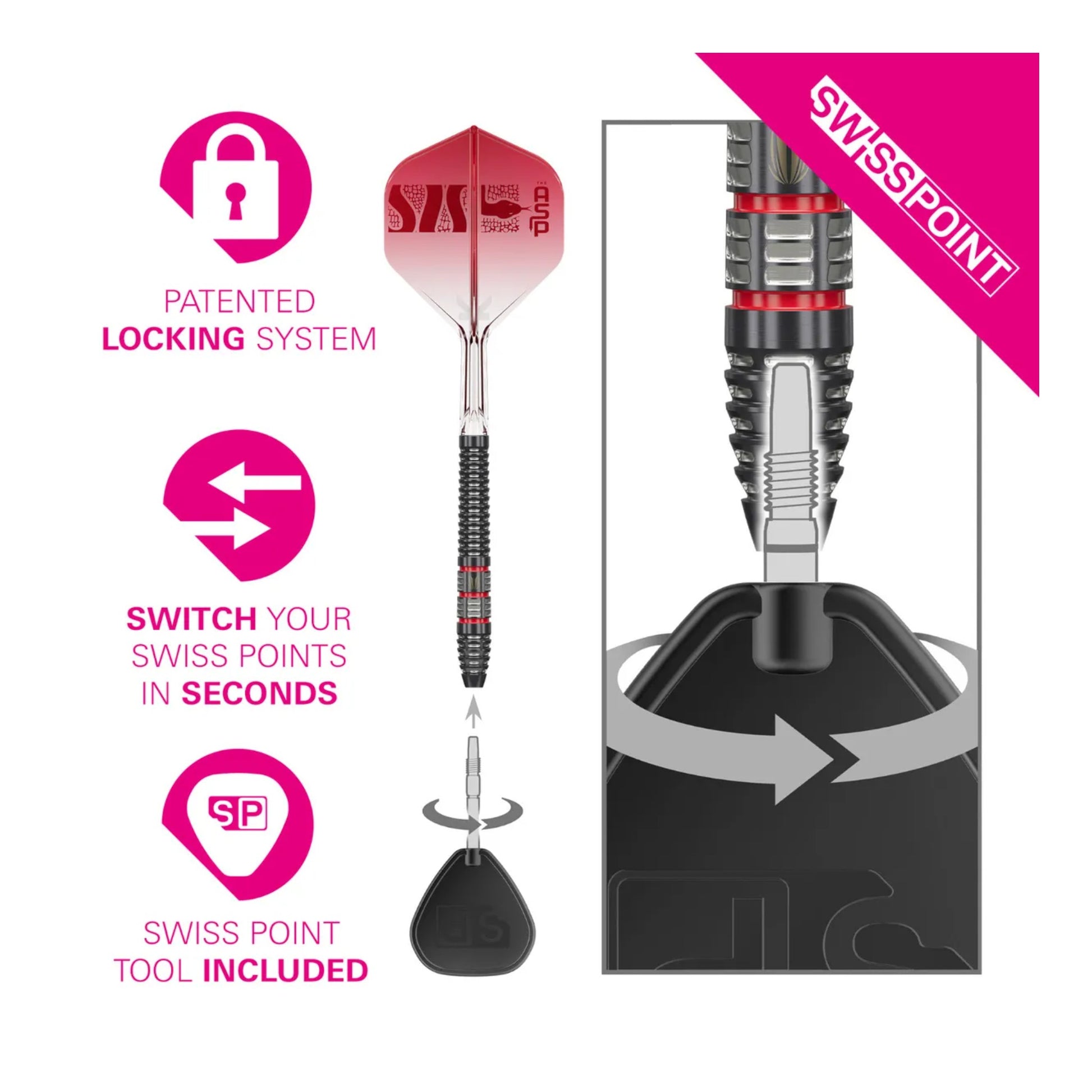 Swiss Point dart with features highlighted on a white background