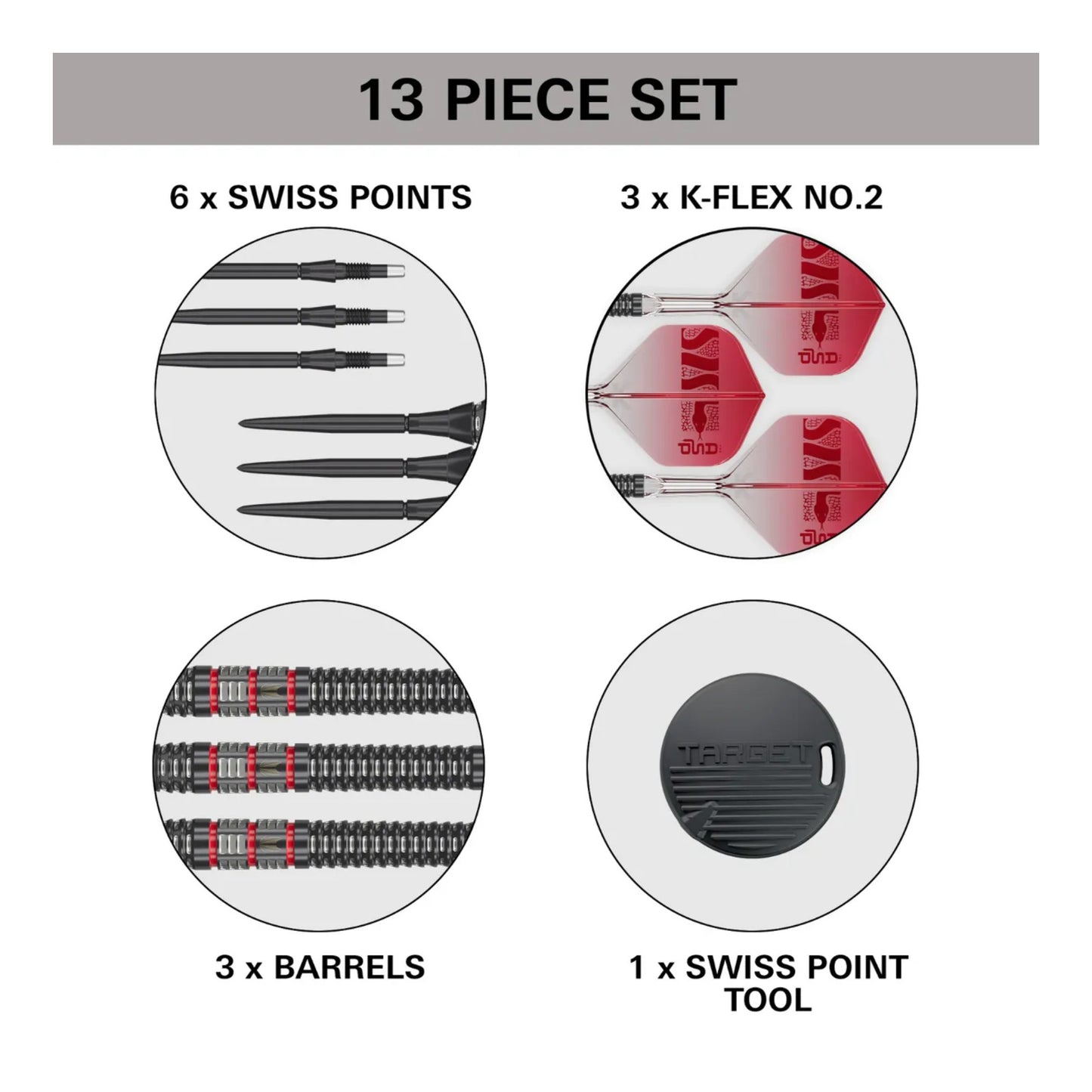 13-piece Target Nathan Aspinall 95K SP steel tip dart set with components labeled on a white background