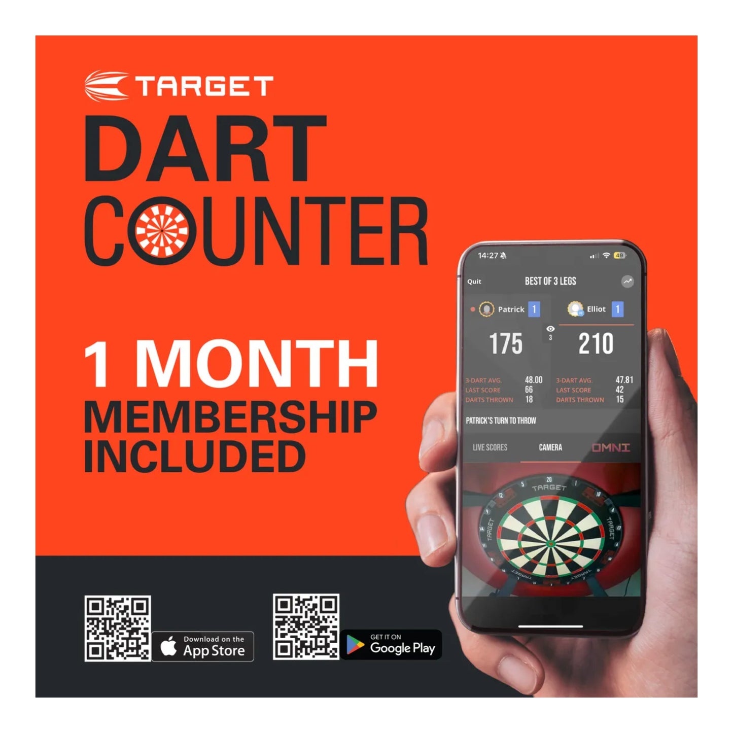 Advertisement for Target Dart Counter app with a phone displaying the app interface on an orange background.