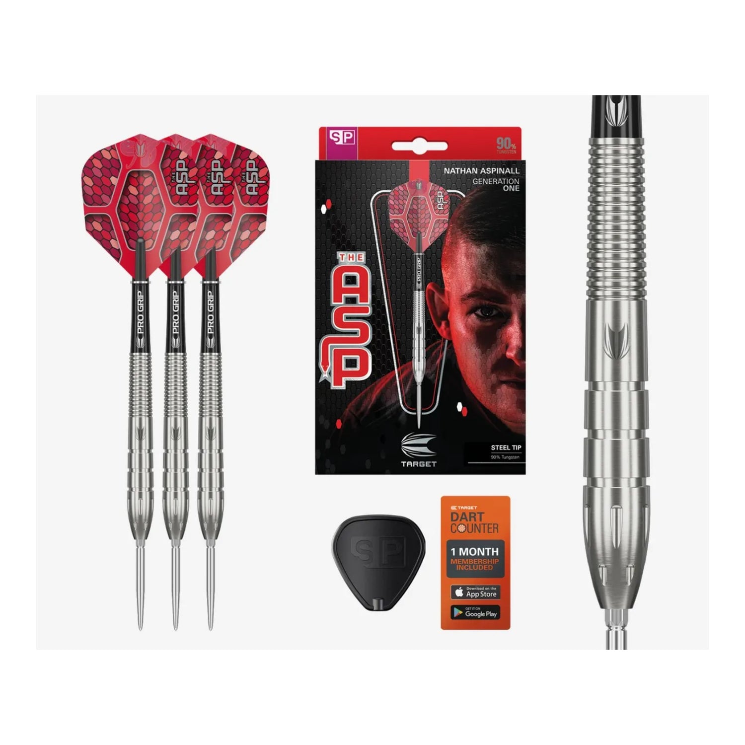 Full length view of Nathan Aspinall G1 SP 90% tungsten darts with flights