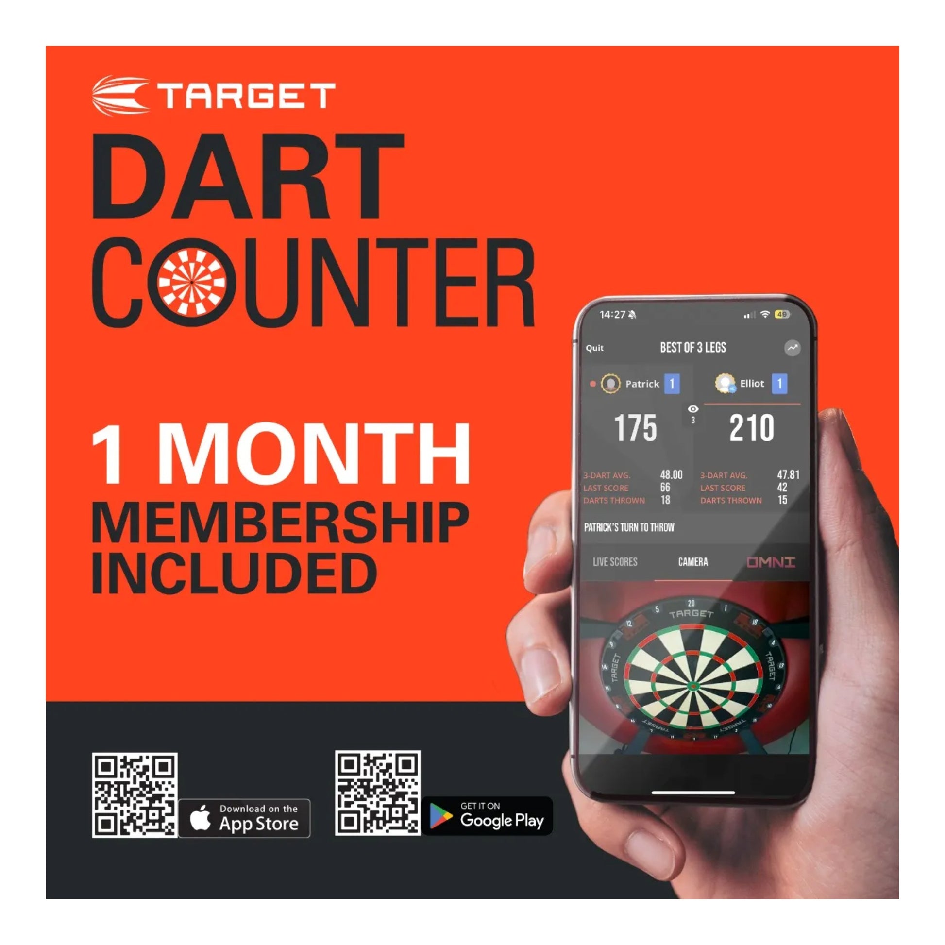 Promotional image of Target Dart Counter app with a phone displaying the app on an orange background.