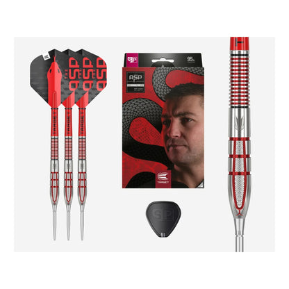 Full length view of Nathan Aspinall G2 SP 95% tungsten darts with red flights
