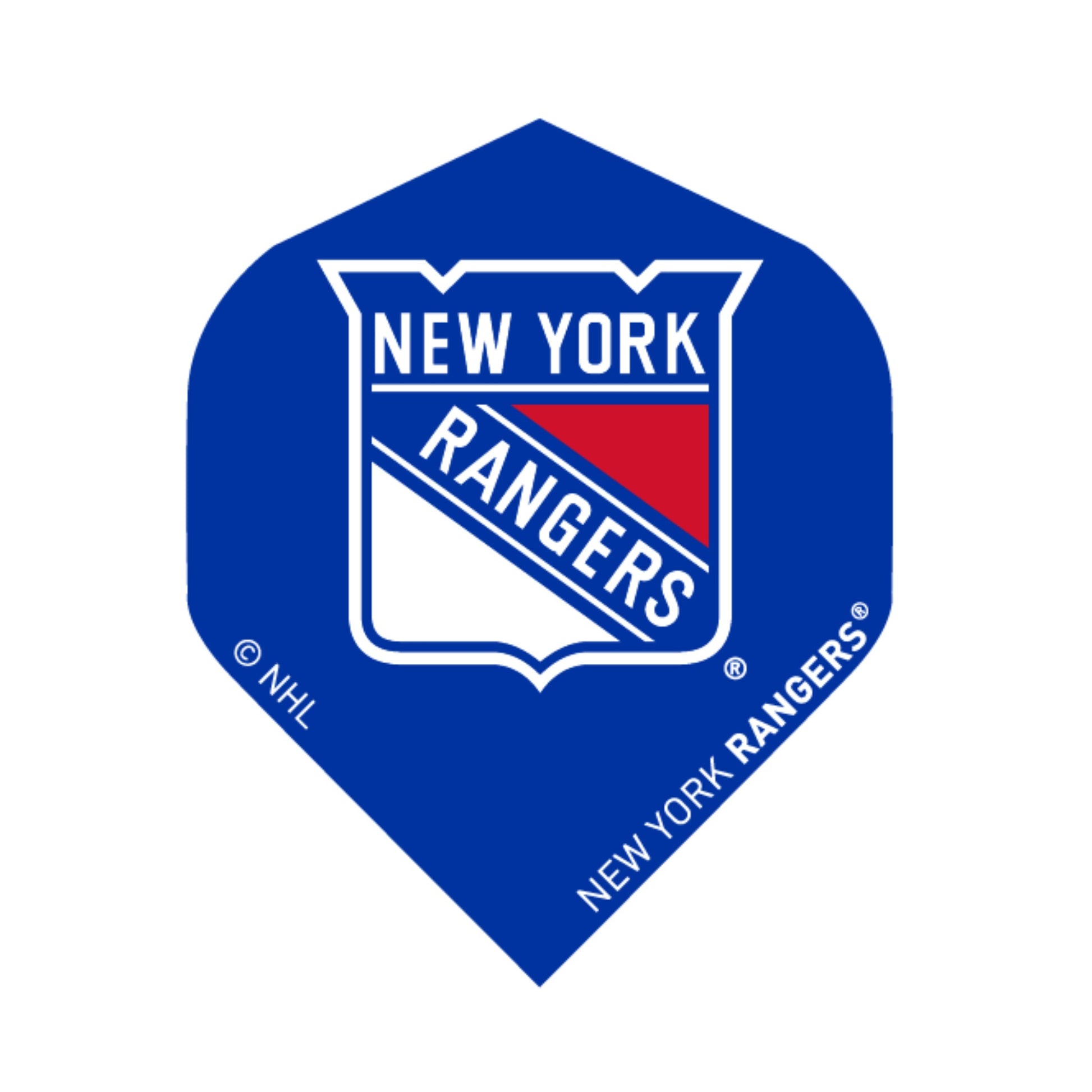 New York Rangers logo on a blue dart shape with NHL branding