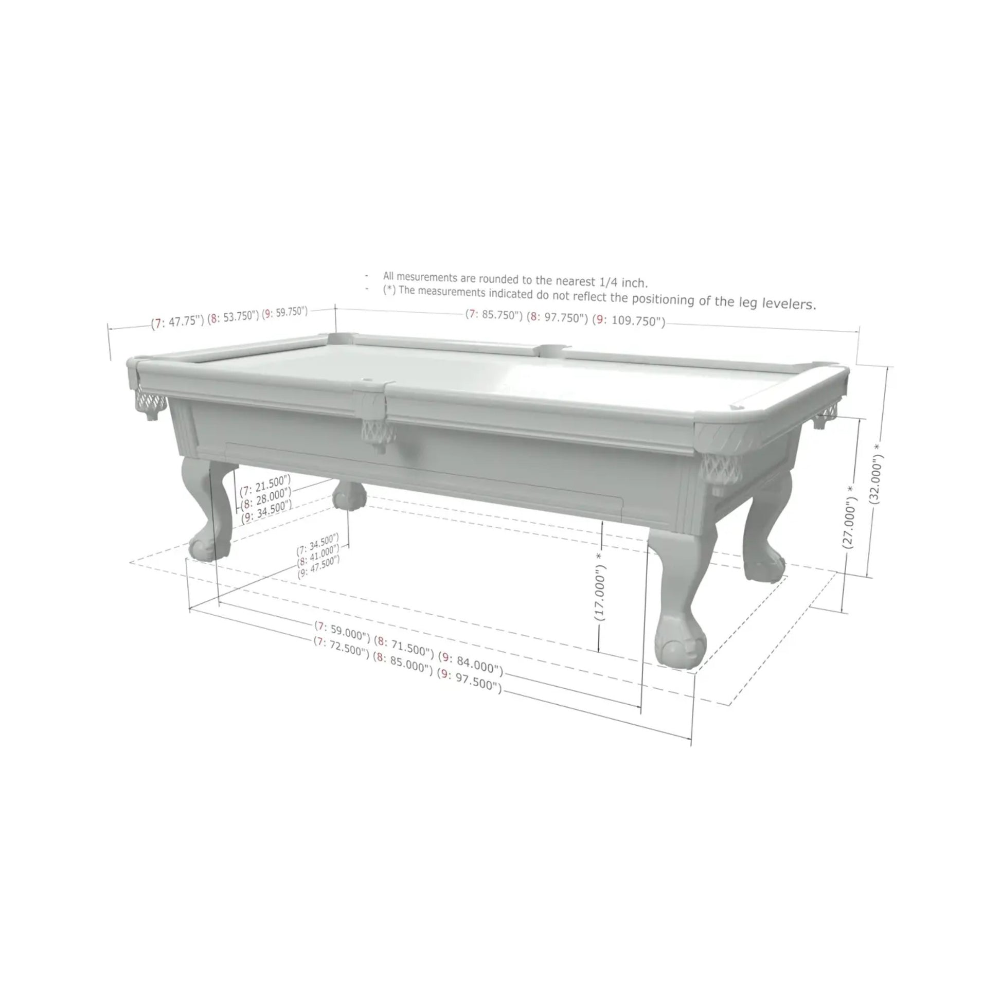 Obsession Pool Table dimensions and size chart 7ft 8ft 9ft