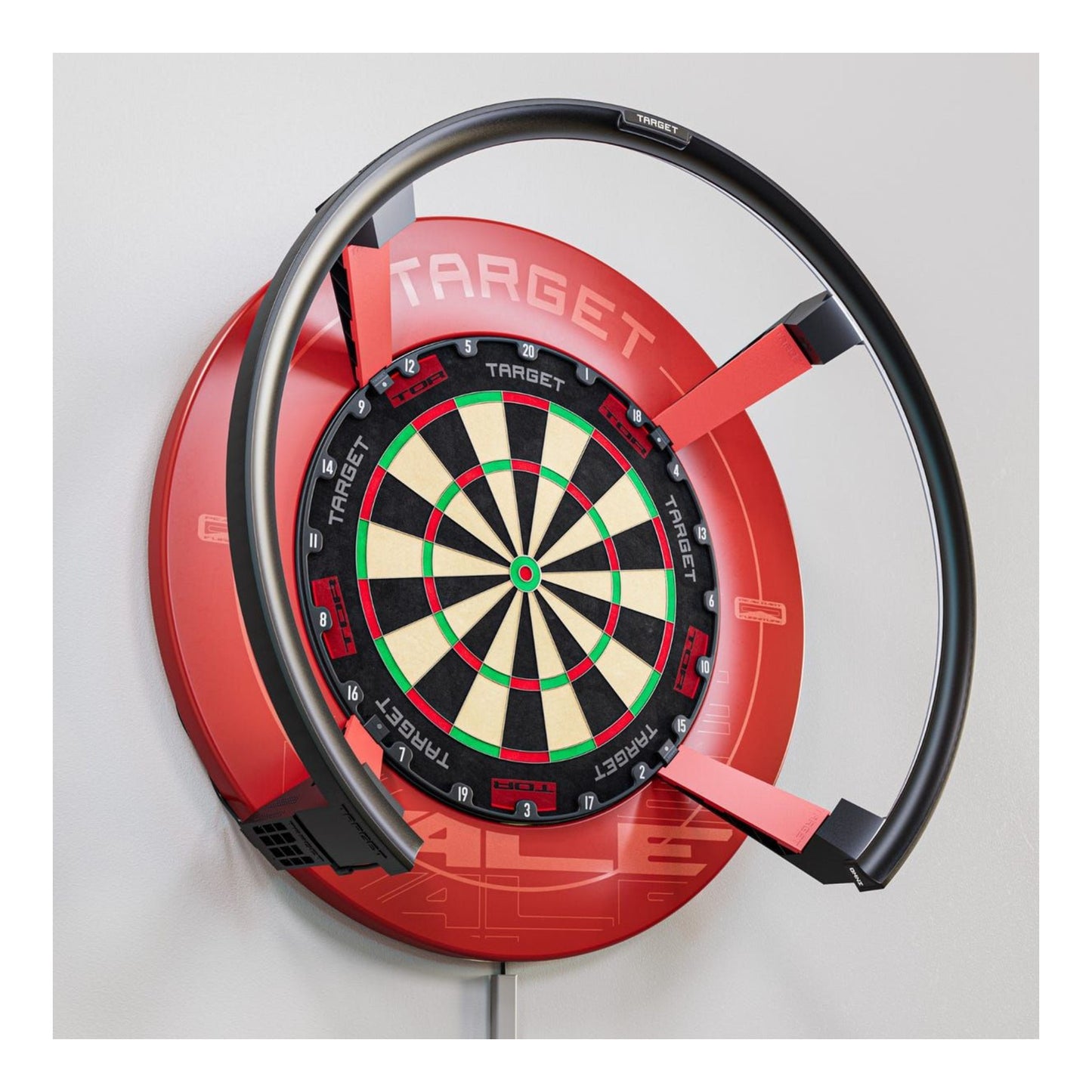 Close up of red Target Omni Leg Protectors installed on Omni