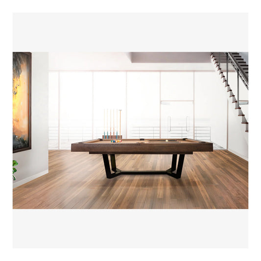 Wooden pool table in a modern living room with large windows.