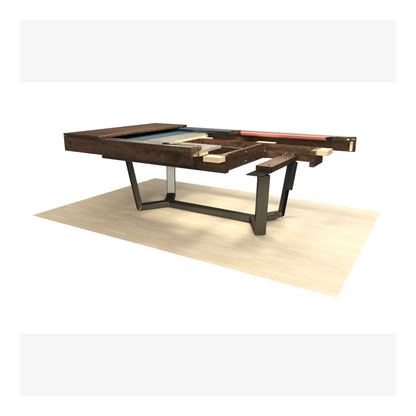 Multi-game table with pool, shuffleboard, and table tennis components on a white background