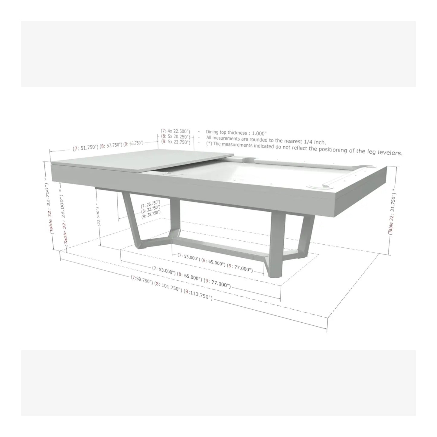 Measurement chart of a rectangular table with dimensions labeled