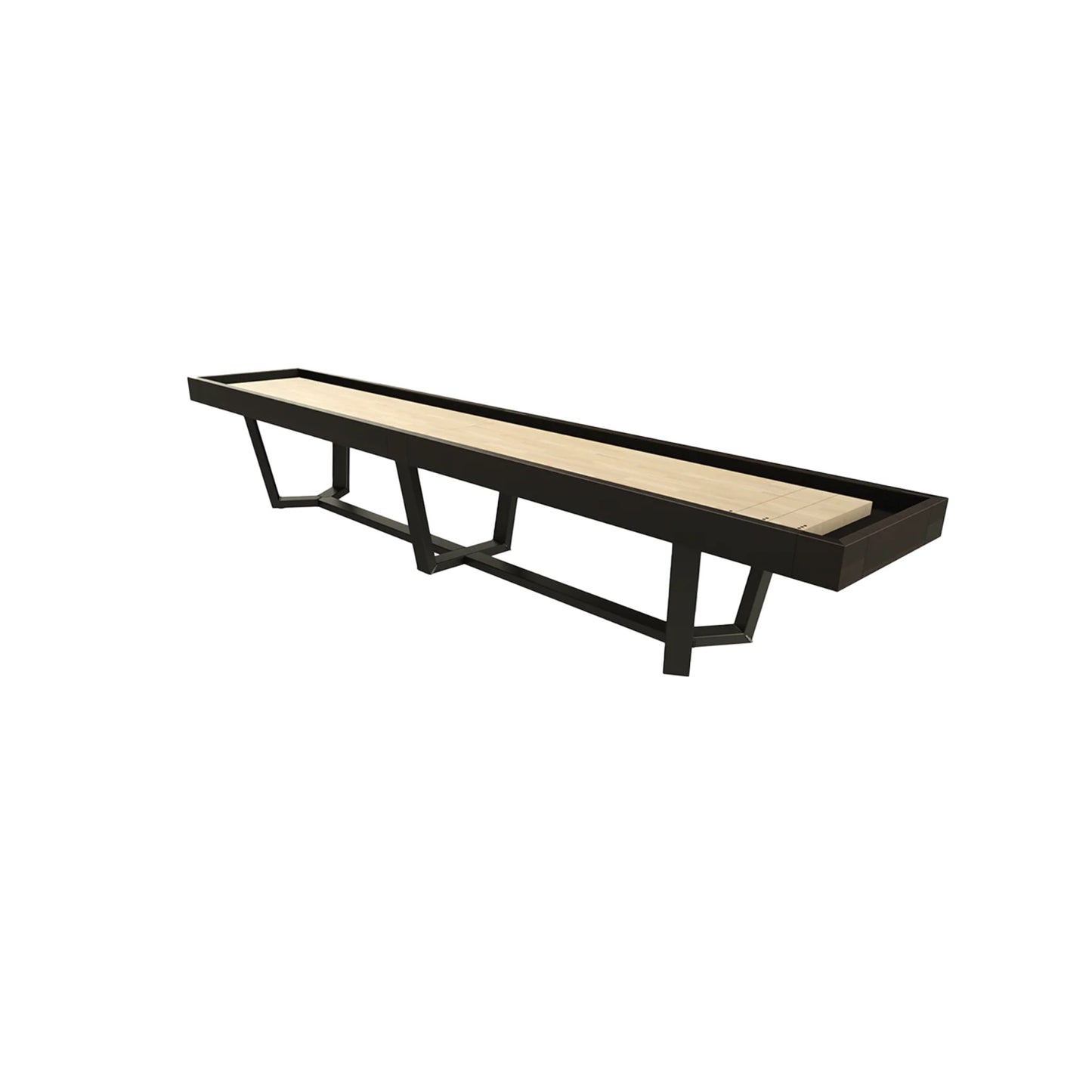 Onyx shuffleboard table with geometric steel base and walnut finish side view
