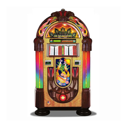 Colorful vintage-style jukebox with rainbow accents on a white background