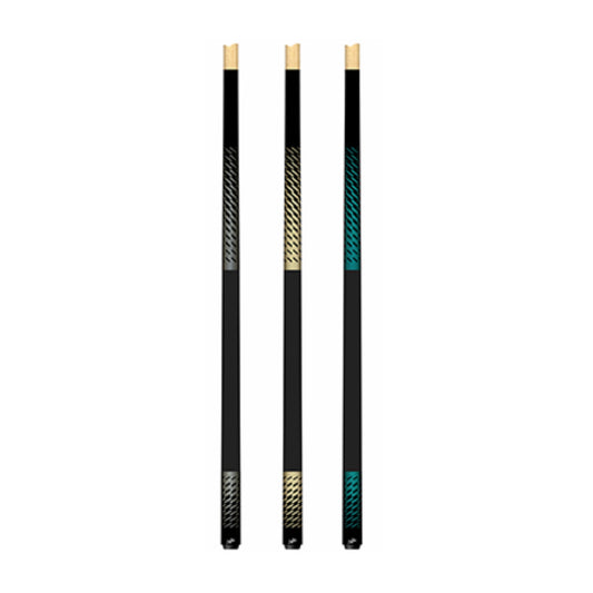 Group view of the Dufferin 300 Modern Series Package featuring three sleek pool cues in Silvery Grey, Champagne Gold, and Teal