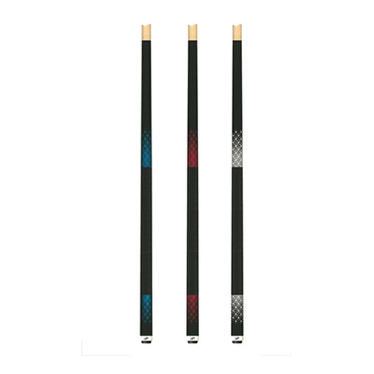Dufferin 300 Matrix Series Package displaying three pool cues in Cosmic White, Metallic Blue, and Metallic Red finishes