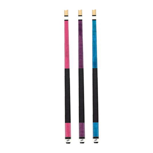 Group view of the Dufferin 230 Fashion Series Package displaying three cues with nylon wraps in pink, purple, and turquoise colors