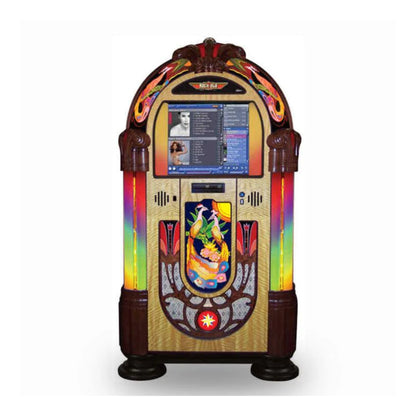Colorful vintage-style jukebox with a digital display on a white background