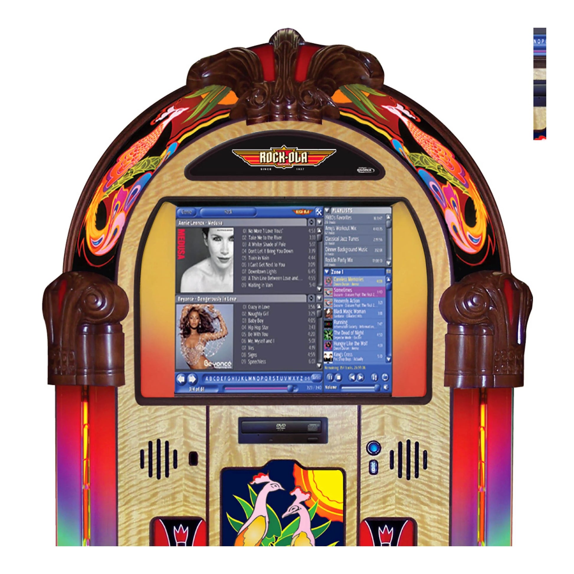 Colorful vintage-style jukebox with a digital screen displaying music interface.