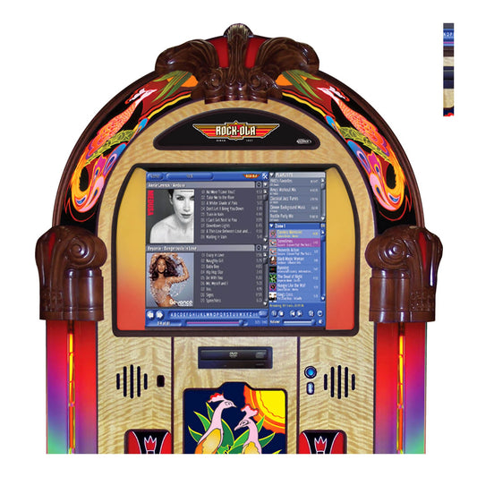 Colorful vintage-style jukebox with a digital screen displaying music interface.