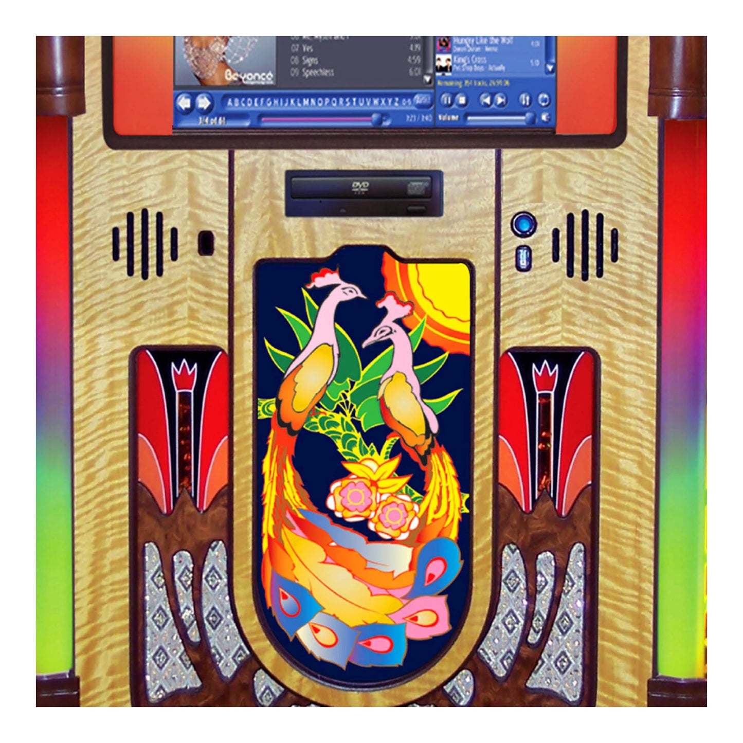 Colorful electronic device with a central design of two birds and abstract elements on a wooden-textured background.