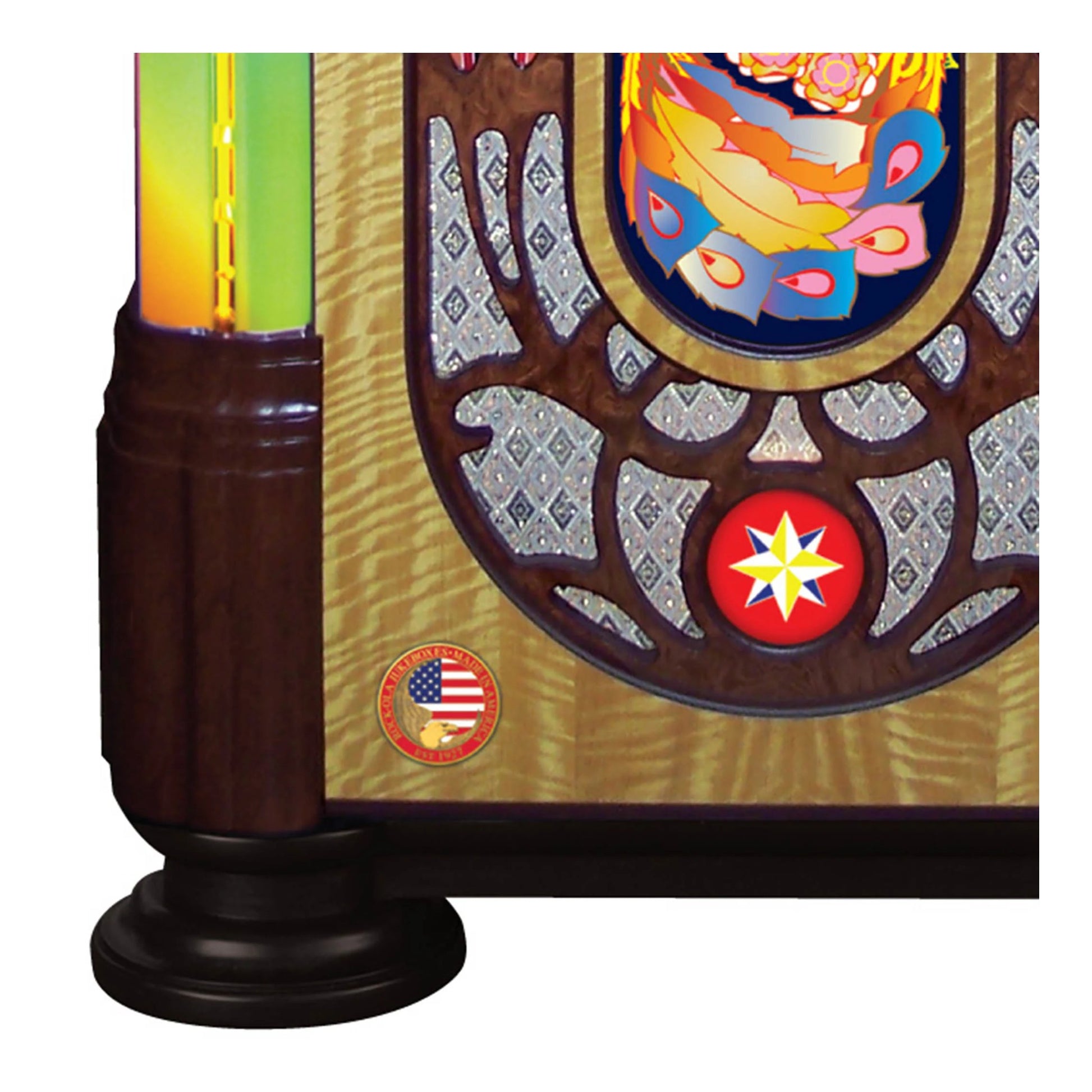 Decorative lamp with colorful design and American flag emblem on a white background